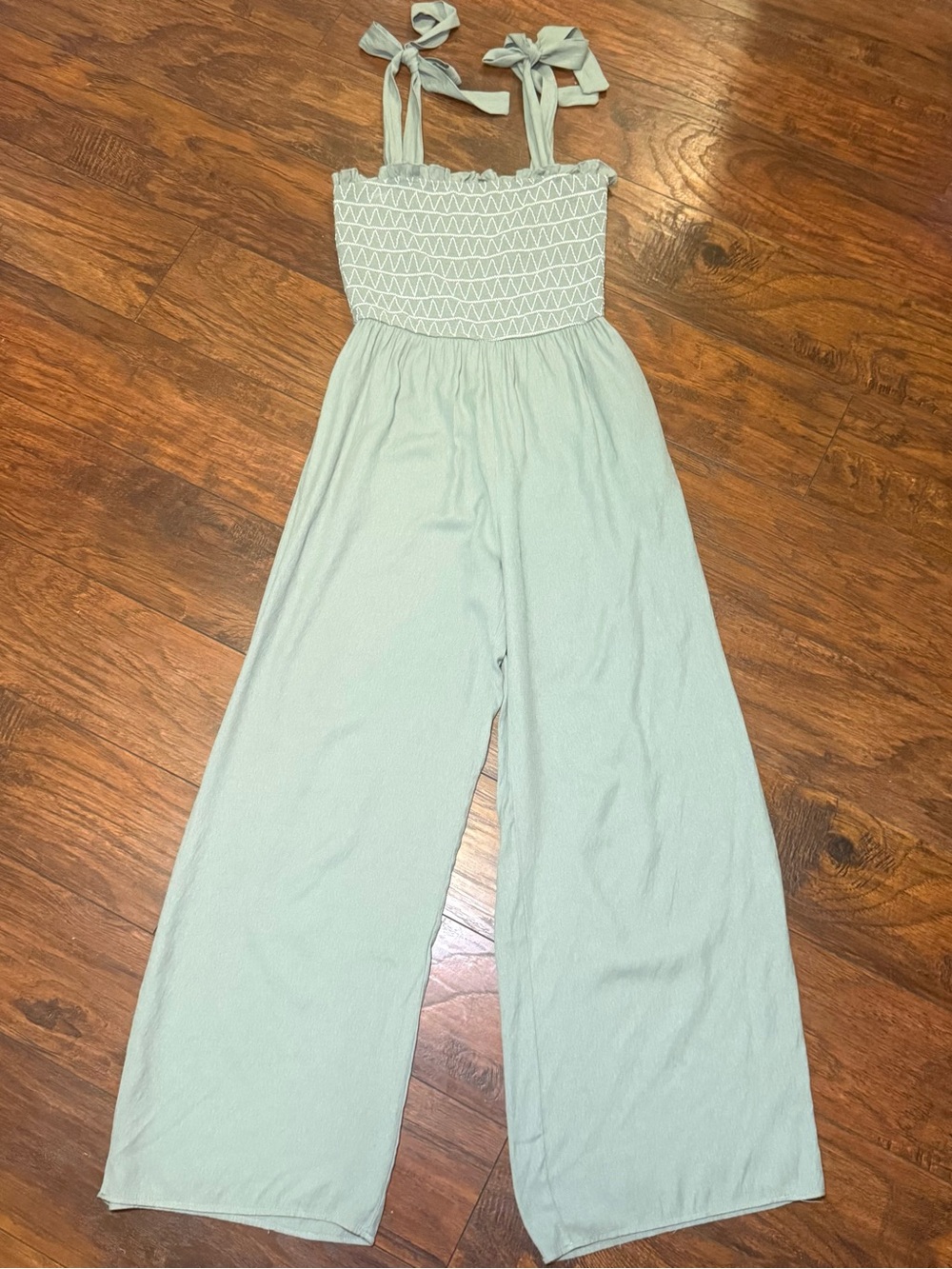 Audrey Parks x Francesca Smocked Jumpsuit M Boho Cottagecore Wide Leg Sage/Mint - Picture 2 of 15